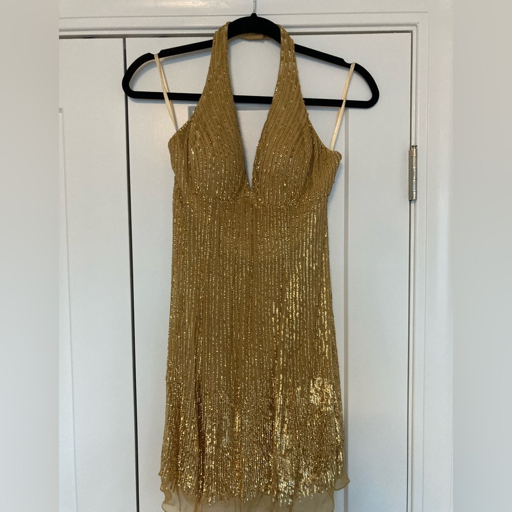Michelle Couture Gold Sequin Short Halter Dress, Size 2